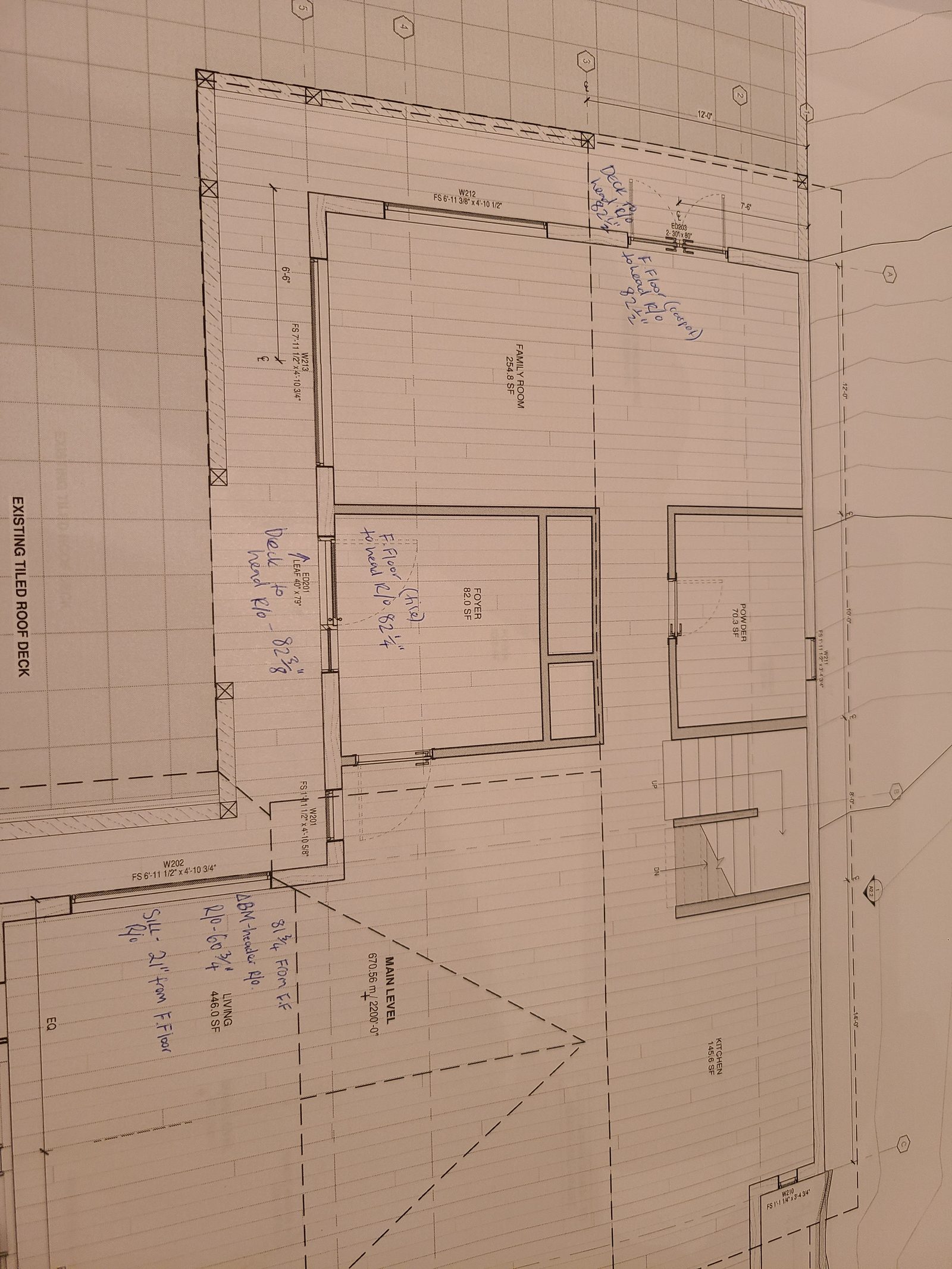 Architectural floor plans with hand-written site measurements